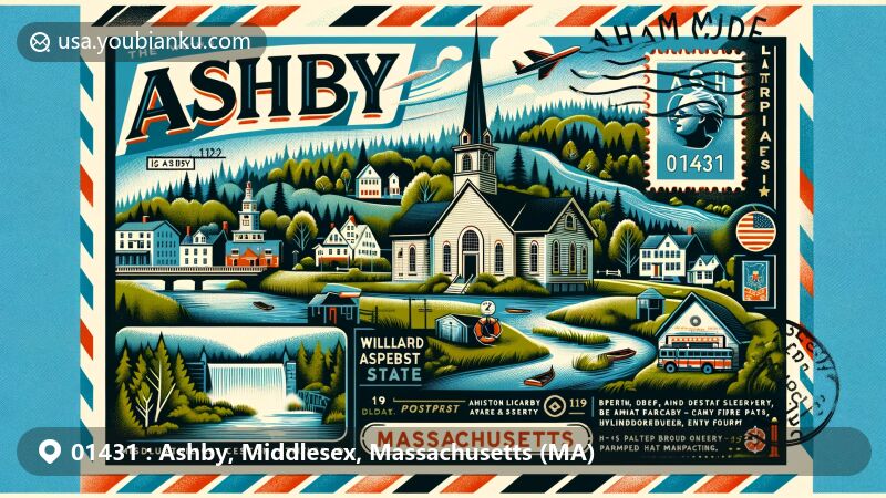 Modern illustration of Ashby, Middlesex County, Massachusetts, featuring First Parish Church and historical society building, along with natural landscapes of Willard Brook State Forest, Damon Pond, and Trap Falls, accentuating town's charm and history.