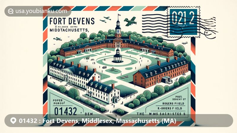 Modern illustration of Fort Devens Historic District in ZIP code 01432, Middlesex County, Massachusetts, depicting Georgian Revival style buildings and Rogers Field in a unique airmail envelope design.