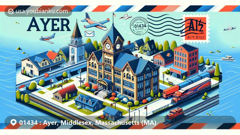Modern illustration of Ayer, central Massachusetts, featuring postal theme with ZIP code 01434, showcasing historic Ayer Main Street buildings, Nashua River Rail Trail symbol, and railroad.
