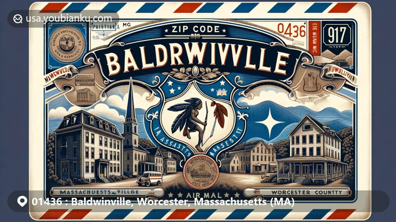 Modern illustration of Baldwinville, Worcester County, Massachusetts, depicting vintage air mail envelope with historic village architecture, Massachusetts state flag, and cultural landmarks of Worcester County.