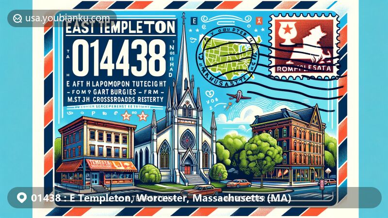 Colorful illustration of E Templeton, Worcester County, Massachusetts, representing ZIP code 01438 on an airmail envelope with postal stamp and postmark, featuring East Templeton Methodist Church, Grand Army of the Republic building, and Templeton Common Historic District.