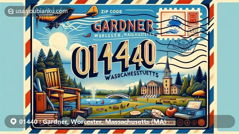 Modern illustration of Gardner, Worcester County, Massachusetts, featuring vintage airmail envelope with ZIP code 01440, Dunn State Park, and elements of furniture-making history.