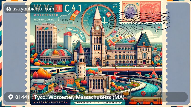 Modern illustration of Tyco, Worcester, Massachusetts, highlighting Bancroft Tower, Union Station, and Massachusetts Vietnam Veterans Memorial in a postcard-style postal theme with ZIP code 01441, integrating vibrant colors and historical landmarks.