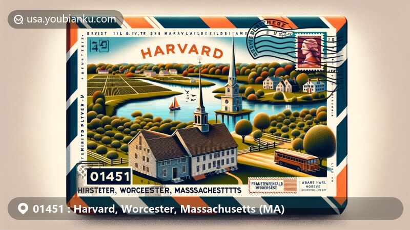 Modern illustration of Harvard, Worcester, Massachusetts, featuring vintage airmail envelope with ZIP code 01451, showcasing Harvard Shaker Village, Fruitlands Museum, picturesque orchards, Bare Hill Pond, and Oxbow National Wildlife Refuge.
