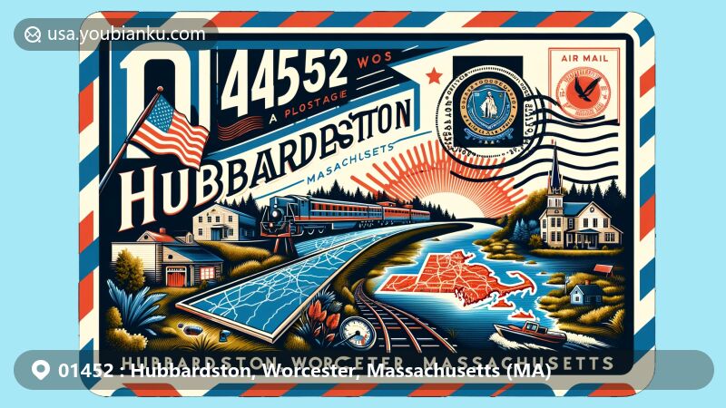 Modern illustration of Hubbardston, Worcester County, Massachusetts, depicting vibrant postal theme with ZIP code 01452, showcasing detailed map outline, Massachusetts state flag, and iconic Hubbardston landmark or scenery.