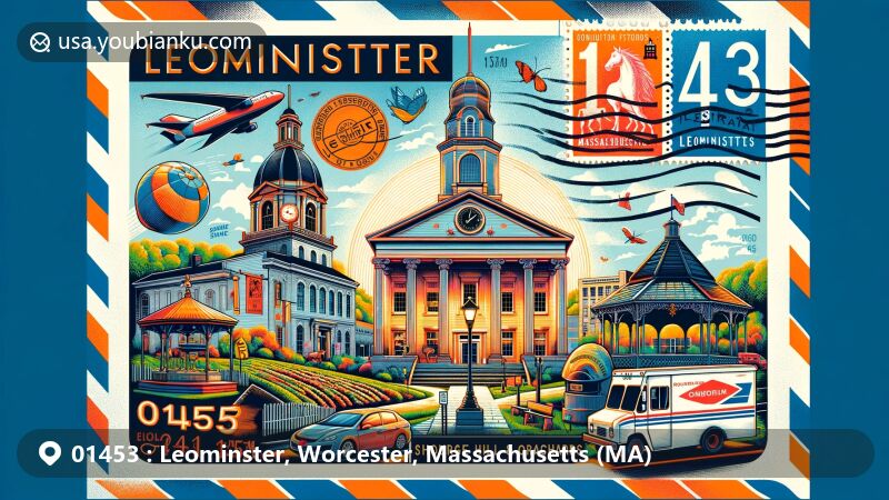 Modern illustration of Leominster, Worcester County, Massachusetts, showcasing postal theme with ZIP code 01453, featuring City Hall, Monument Square Bandstand, Sholan Farms, George Hill Orchards, postal elements, mailbox, and mail truck.