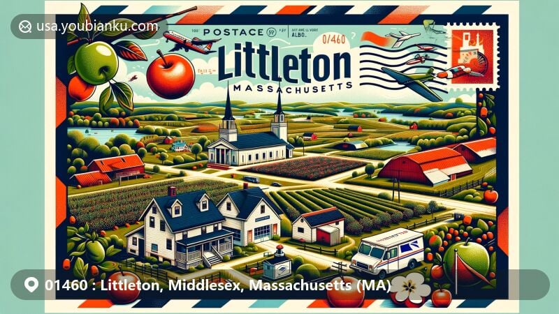 Modern illustration of Littleton, Middlesex County, Massachusetts, showcasing agricultural history with apple orchards, dairy farms, and New England architecture, featuring state symbols and postal elements with ZIP code 01460.