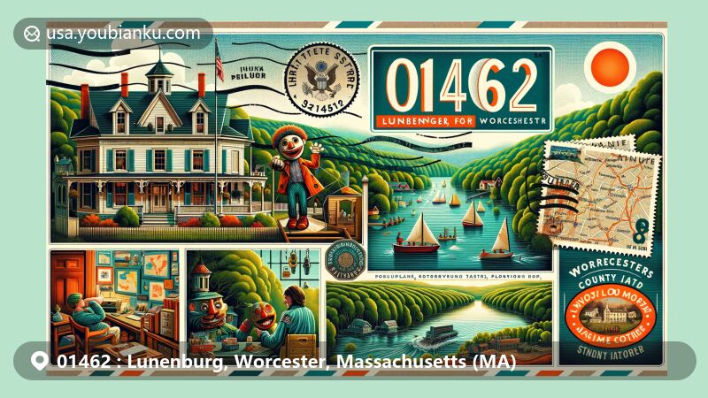 Modern illustration of Lunenburg, Worcester County, Massachusetts, featuring historic architecture, Drawbridge Puppet Theater, Lane Conservation Area, and postal theme with ZIP code 01462.