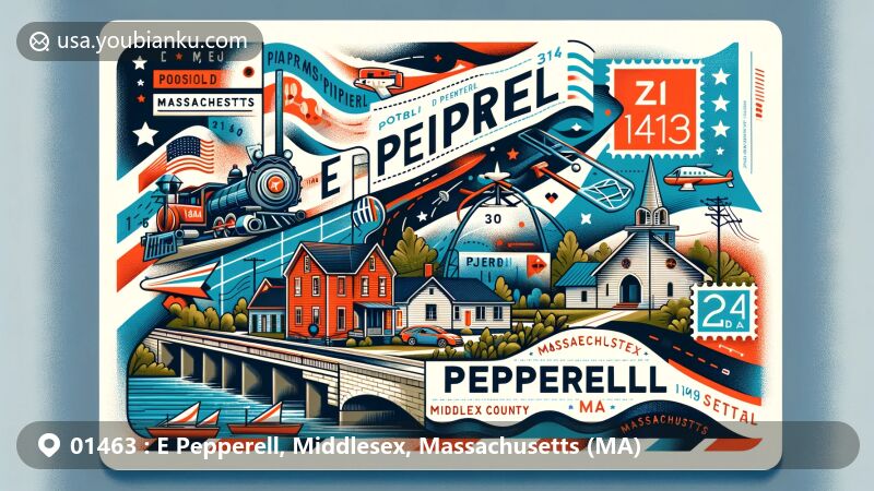 Modern illustration of E Pepperell, Middlesex County, Massachusetts (MA), showcasing postal theme with ZIP code 01463, featuring Nashua River Rail Trail, Lawrence Library, Groton Street covered bridge, and Massachusetts state flag.