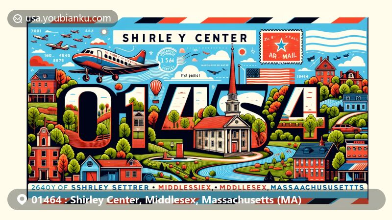 Modern illustration of Shirley Center, Middlesex County, Massachusetts, featuring postal theme with ZIP code 01464, showcasing iconic landmarks like First Parish Meetinghouse, mature trees, field stone walls, Shirley Soldiers' Monument, and Massachusetts state flag.