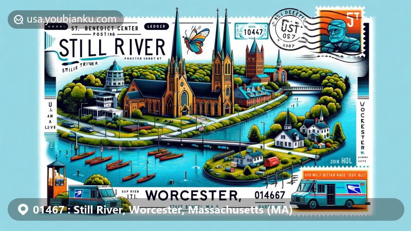 Modern illustration of Still River, Worcester, Massachusetts, featuring postal theme with ZIP code 01467, showcasing landmarks like Saint Benedict Abbey, St. Benedict Center, Still River Baptist Church, and Bare Hill Pond.
