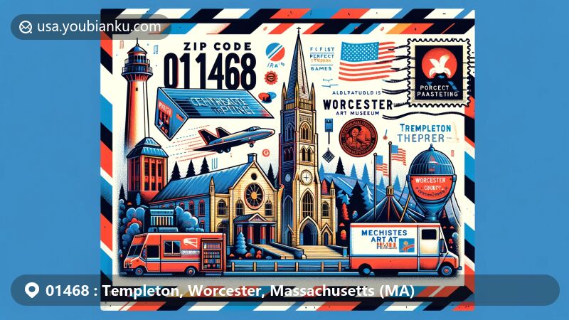 Modern illustration of Templeton, Worcester County, Massachusetts, featuring landmarks like Retreat Tower, Cathedral of the Pines, and Worcester Art Museum, showcasing postal theme with ZIP code 01468 and state flag.