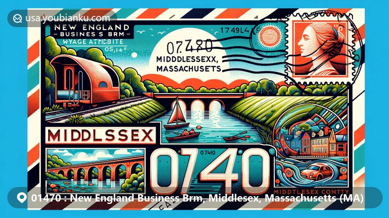 Modern illustration of Middlesex, Massachusetts, featuring postal theme with ZIP code 01470, showcasing Middlesex Canal and Shawsheen Aqueduct remnants, blending history and creativity.
