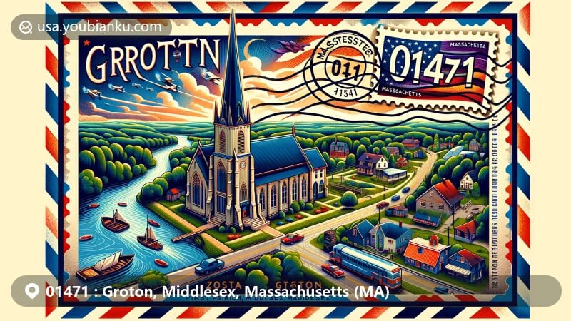 Modern illustration of Groton, Middlesex, Massachusetts, showcasing vibrant and creative postal theme with ZIP code 01471, featuring iconic First Parish Church, scenic views of Nashoba Valley, and vintage postage elements.