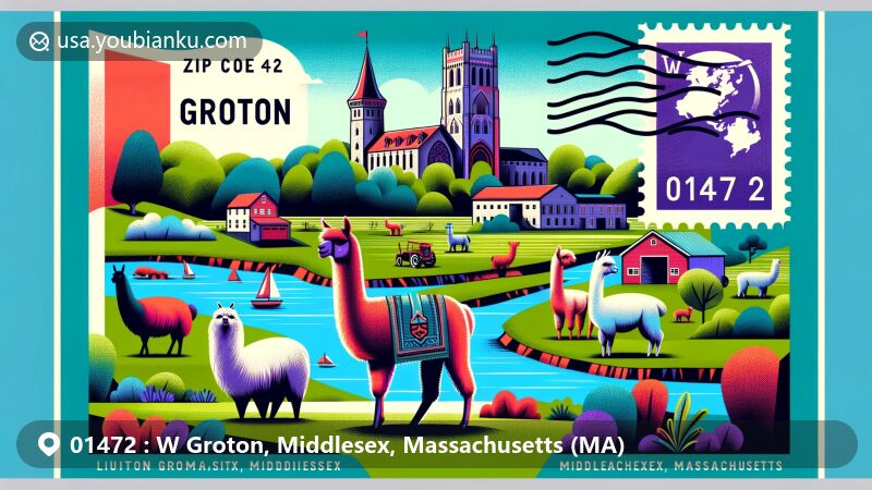 Modern illustration of W Groton, Middlesex, Massachusetts (MA), featuring Nashua River, Bancroft’s Castle, Luina Greine Farm with alpacas, and postal elements like stamps and postmarks.