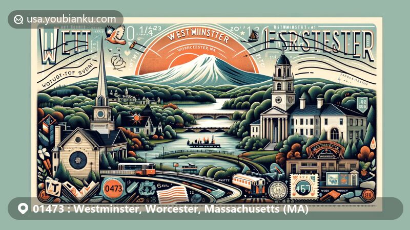 Modern illustration of Westminster, Worcester, Massachusetts, showcasing scenic Wachusett Mountain and historical landmarks, embodying the town's natural beauty and rich history with a postal theme featuring ZIP code 01473.