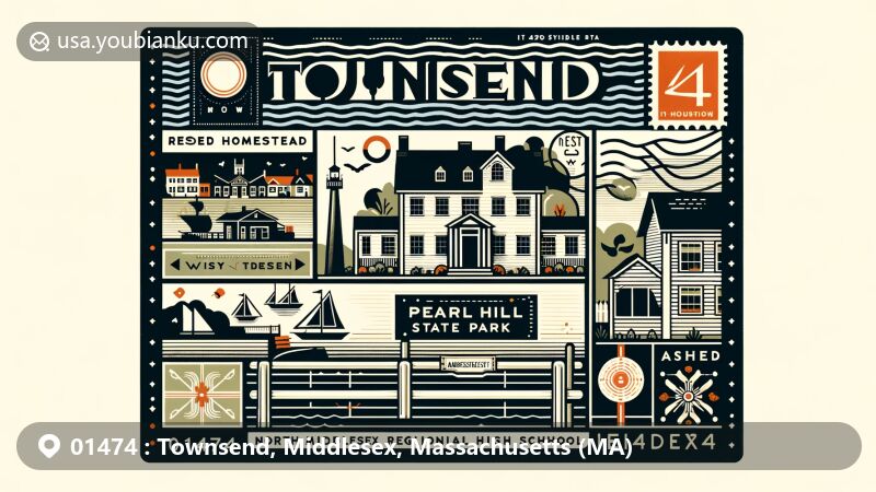 Modern illustration of Townsend, Middlesex County, Massachusetts, incorporating Reed Homestead, Pearl Hill State Park, Townsend Harbor, and North Middlesex Regional High School symbols in a postal theme with ZIP code 01474.