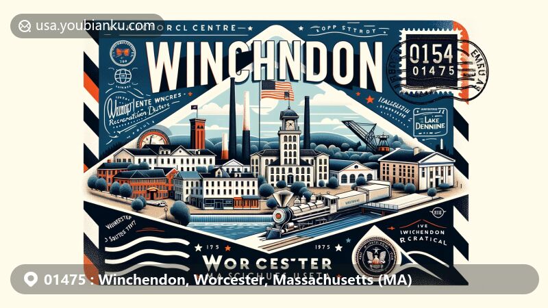Modern illustration of Winchendon, Worcester County, Massachusetts, themed after airmail envelope showcasing historic textile mills, Lake Dennison Recreation Area, Old Centre Historic District, and Winchendon Village Historic District, featuring Massachusetts state flag and ZIP code 01475.