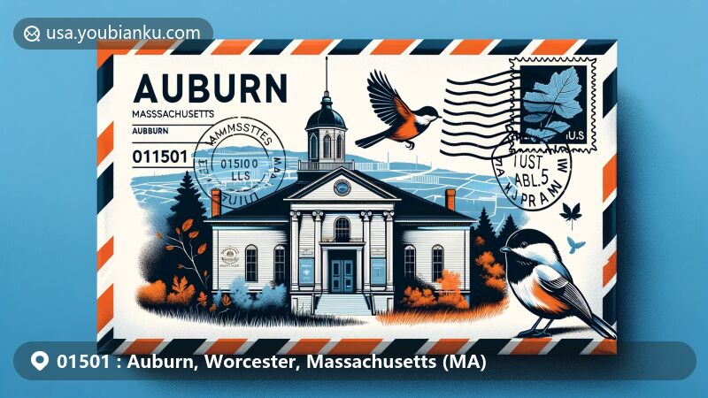 Modern illustration of an airmail envelope with Auburn, Massachusetts geographical outline, showcasing Auburn Historical Society building and Massachusetts state symbols.