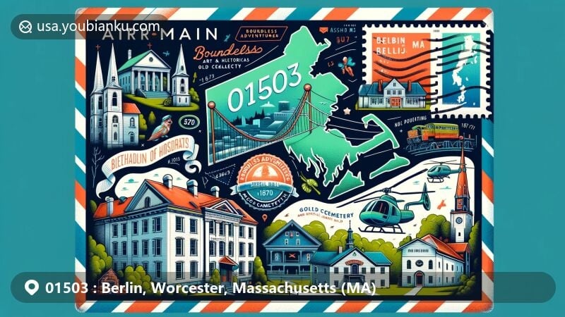 Modern illustration of Berlin, Worcester, Massachusetts, showcasing postal theme with ZIP code 01503, featuring key landmarks like the Art & Historical Collection, Old Cemetery, 1870 Town Hall, and Goodale Homestead.