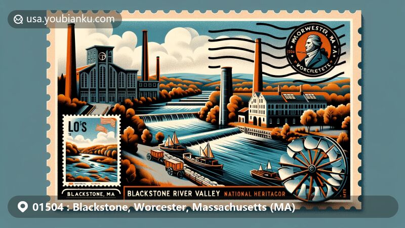 Modern illustration of Blackstone, Worcester, MA, featuring postal theme with ZIP code 01504, showcasing industrial heritage of 19th century, including factories and canals, set against landscape of Blackstone River Valley National Heritage Corridor.