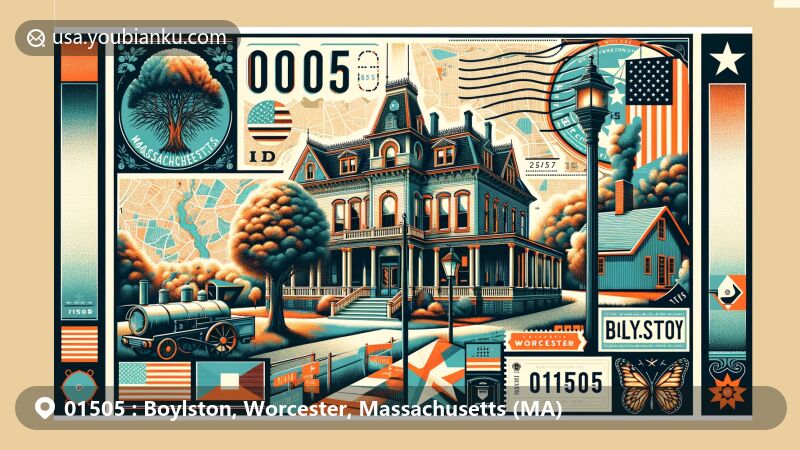 Modern illustration of Boylston, Worcester, Massachusetts, highlighting John B. Gough House and state symbols like American elm tree and state flag elements, with postal theme showcasing ZIP code 01505.