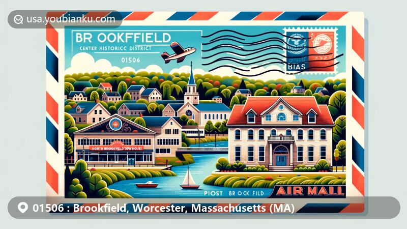 Modern illustration of Brookfield, Massachusetts, showcasing West Brookfield Center historic architecture, North Brookfield Town House, and New England small town landscape with river and greenery.