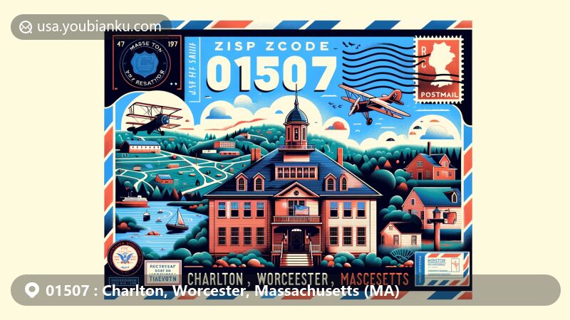 Modern illustration of Charlton, Worcester, Massachusetts, showcasing postal theme with ZIP code 01507, featuring Rider Tavern, Charlton Recreation Area, and Bigelow Hill State Forest.