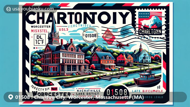Modern illustration of Charlton City, Worcester, Massachusetts (MA), with ZIP code 01508, featuring historic Charlton Center with Federal, Gothic Revival, and Late Victorian architecture, Rider Tavern in Northside Village, and scenic Buffumville Lake Park.