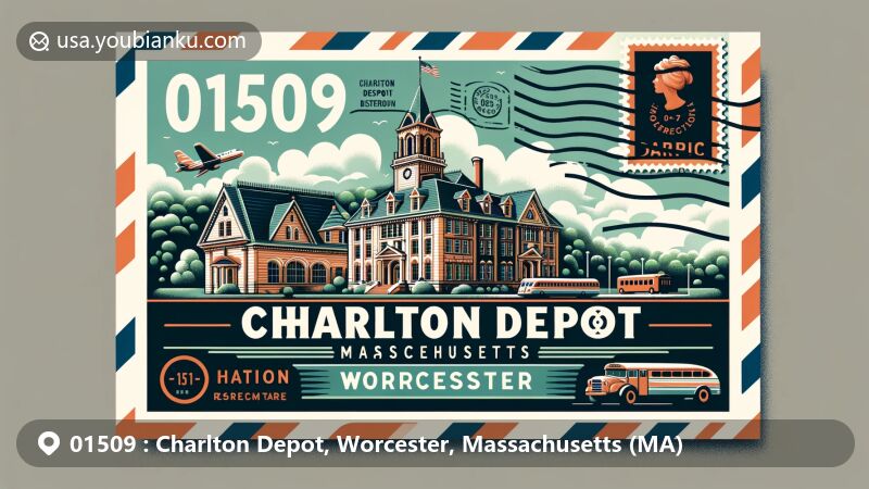 Modern illustration of Zip Code 01509, Charlton Depot, Worcester, Massachusetts, showcasing Charlton Center Historic District architecture, Charlton Recreation Area, and Bigelow Hill State Forest.