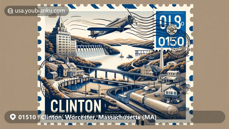 Representation of Clinton area in Worcester County, Massachusetts, featuring Wachusett Reservoir, Clinton Historical Society building, Train Tunnel, Strand Theatre, and New England Botanic Garden, designed in the style of an air mail envelope with elements of Massachusetts state flag.
