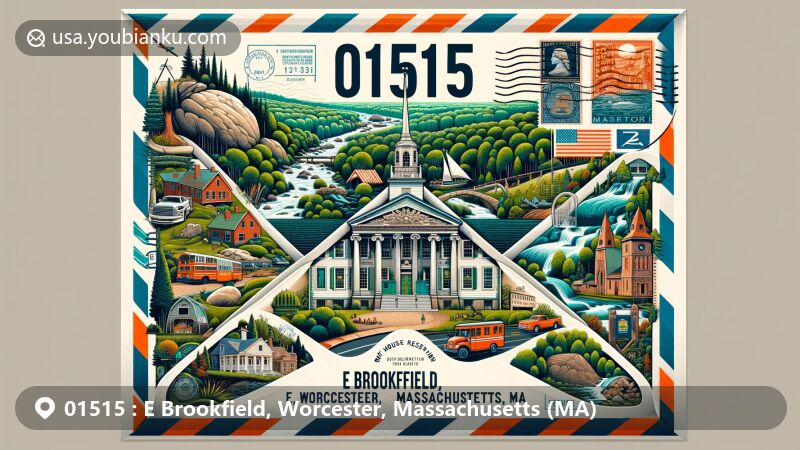 Modern illustration of E Brookfield, Worcester, Massachusetts (MA), highlighting postal theme with ZIP code 01515, featuring Rock House Reservation, North Brookfield Town House, lush forests, and Massachusetts state symbols.