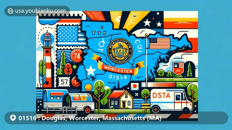 Modern illustration of Douglas, Worcester County, Massachusetts, featuring postal theme with ZIP code 01516, showcasing Massachusetts state flag, Worcester County outline, postcard shape, stamps, postmarks, mailbox, and mail truck, with elements of New England natural scenery and architecture.