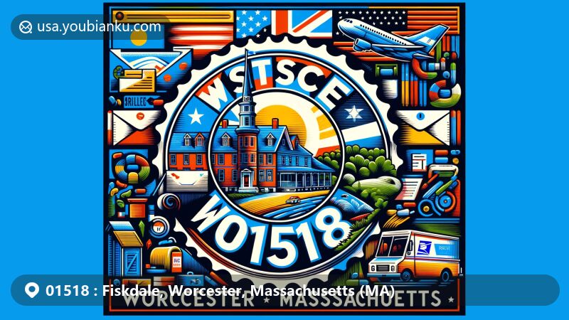 Modern illustration of Fiskdale, Worcester, Massachusetts (MA), showcasing creative postage stamp design with Old Sturbridge Village, surrounded by postal elements and highlighting ZIP code 01518 and state flag.