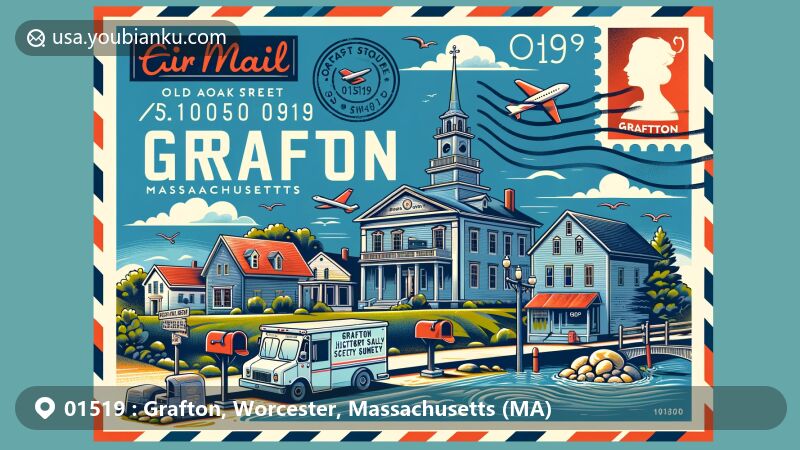 Modern illustration of Grafton, Massachusetts, showcasing postal theme with ZIP code 01519, featuring Old Oak Street Burial Grounds, Sampson Square, Grafton Historical Society Museum, Silver Lake Beach, and Grafton Inn.