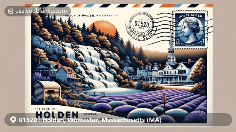 Contemporary illustration of Holden, Worcester, Massachusetts, highlighting landmarks like cascading waterfall, glacial erratic rocks, historic district, and lavender fields, with vintage postal elements including ZIP code 01520 stamps and postbox.