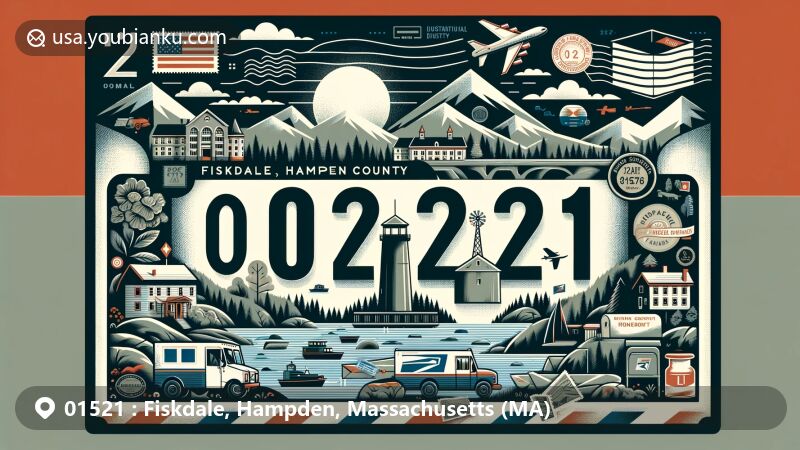 Modern illustration of Fiskdale, Hampden County, Massachusetts, showcasing postal theme with ZIP code 01521, featuring geographical landmarks, reservoirs, and historical buildings, creatively designed in a postcard style with postal elements.