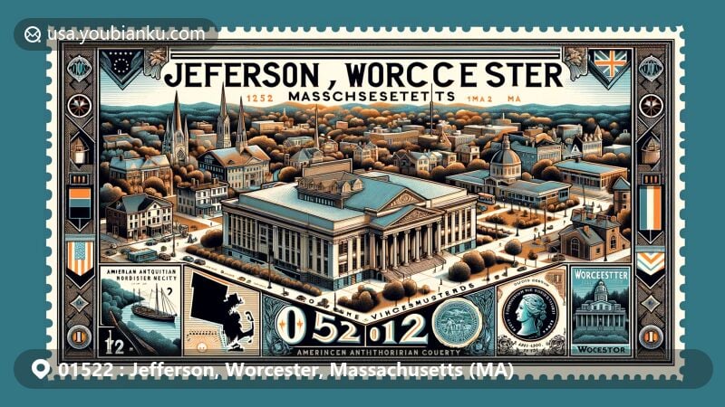 Aerial-view postcard design of Jefferson, Worcester, MA 01522, showcasing Worcester Historical Museum and other iconic landmarks like Massachusetts Vietnam War Memorial, American Antiquarian Society, and Higgins Armory, with Massachusetts state symbols.