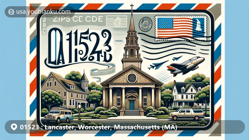 Modern illustration of Lancaster, Worcester County, Massachusetts, featuring iconic First Church of Christ designed by Charles Bulfinch, showcasing colonial, Greek revival, and Victorian eclectic architecture, with lush greenery and residential atmosphere, emphasizing ZIP code 01523.