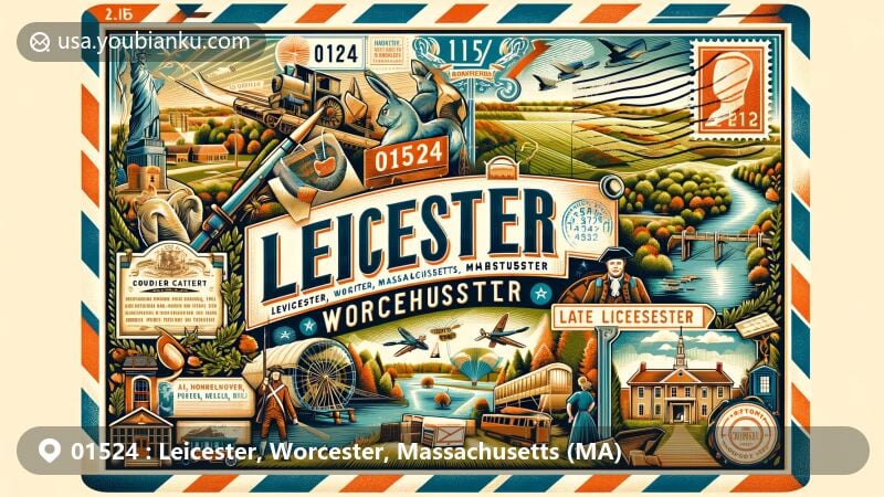 Modern illustration of Leicester, Worcester County, Massachusetts, showcasing historical and industrial themes, including American Revolution significance, early industrialization, and natural beauty, featuring postal theme with ZIP code 01524.