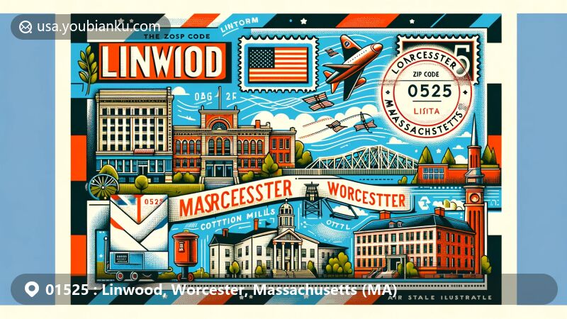 Modern illustration of Linwood, Worcester, Massachusetts, showcasing postal theme with ZIP code 01525, featuring iconic Butler Block building and Linwood Cotton Mills, listed on National Historic Register, and Massachusetts state symbols like Bay State Tartan and state flag.