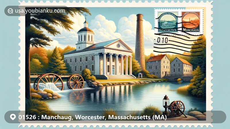 Modern illustration of Manchaug, Worcester County, Massachusetts, featuring Greek revival style Manchaug Baptist Church and 19th-century stone textile mill in Manchaug Village Historic District. Background includes peaceful Manchaug Pond, with postal elements like stamps and postmarks showing ZIP code 01526.