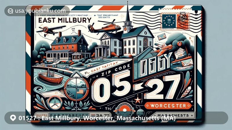 Modern illustration of East Millbury, Worcester, Massachusetts, featuring postal theme with ZIP code 01527, highlighting Asa Waters Mansion, First Presbyterian Society Meeting House, and scenic beauty of Blackstone Valley, incorporating Massachusetts state symbols and postal elements.