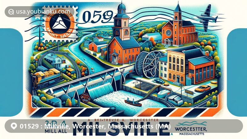 Vibrant illustration of Millville, Worcester, Massachusetts, showcasing key landmarks and cultural elements such as Chestnut Meeting House, Blackstone Canal lock, tri-level railroad bridge, and references to rubber manufacturing history.