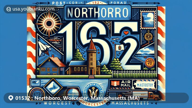 Modern illustration of Northboro and Worcester area in Massachusetts with postal theme featuring ZIP code 01532, showcasing Tougas Family Farm, Bancroft Tower, Massachusetts state symbols, and postal elements like stamps and mailboxes.