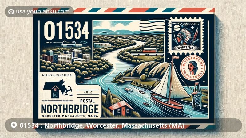 Vivid illustration of Northbridge, Worcester County, MA, in postal theme with ZIP code 01534, featuring Blackstone River, Lookout Rock, and Massachusetts state flag.