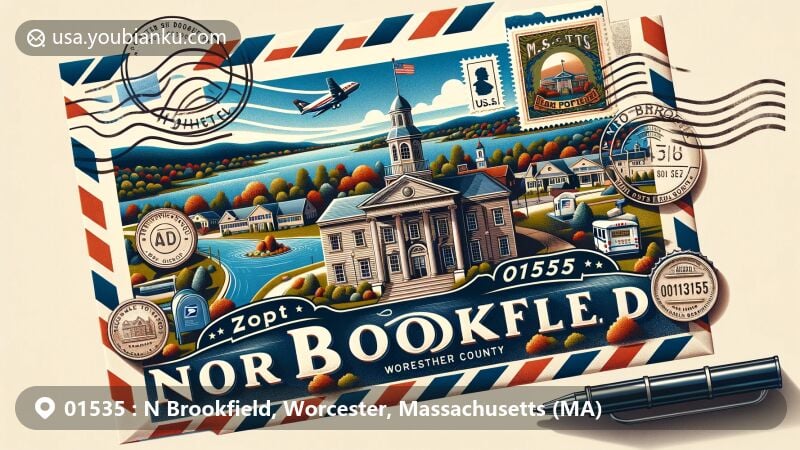 Modern illustration of North Brookfield, Worcester County, Massachusetts, featuring airmail envelope with Town Hall and Lake Lashaway scenery, showcasing postal theme with ZIP code 01535.