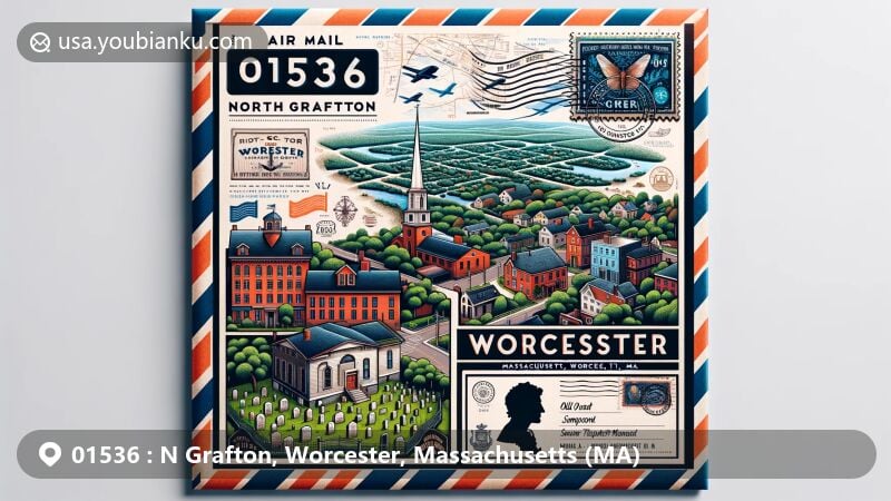Modern illustration of North Grafton, Worcester County, Massachusetts, depicting air mail envelope design with vibrant colors and creative elements, highlighting historical landmarks like Old Oak Street Burial Grounds and Asa Waters Mansion.