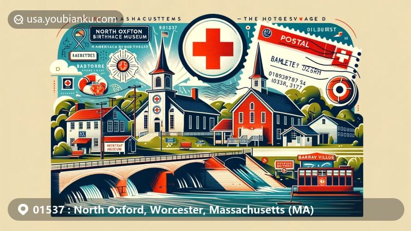 Modern illustration of North Oxford, Massachusetts, featuring Clara Barton Birthplace Museum, Hodges Village Dam, and Bartlett’s Bridge, with postal theme including ZIP Code 01537 and postal elements like postcards and stamps.