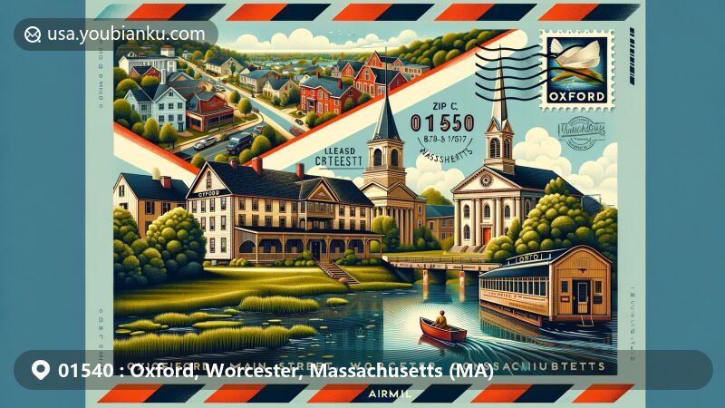 Modern illustration of Oxford, Worcester County, Massachusetts, representing postal theme with ZIP code 01540, featuring historic architecture of Main Street Historic District, including Universalist church and First Congregational Church, and natural beauty of Hodges Village Dam and Carbuncle Pond.